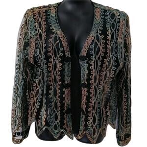 Vintage Black Mesh Embroidered Jacket M/L Sheer Festival Hook Closure Cocktail